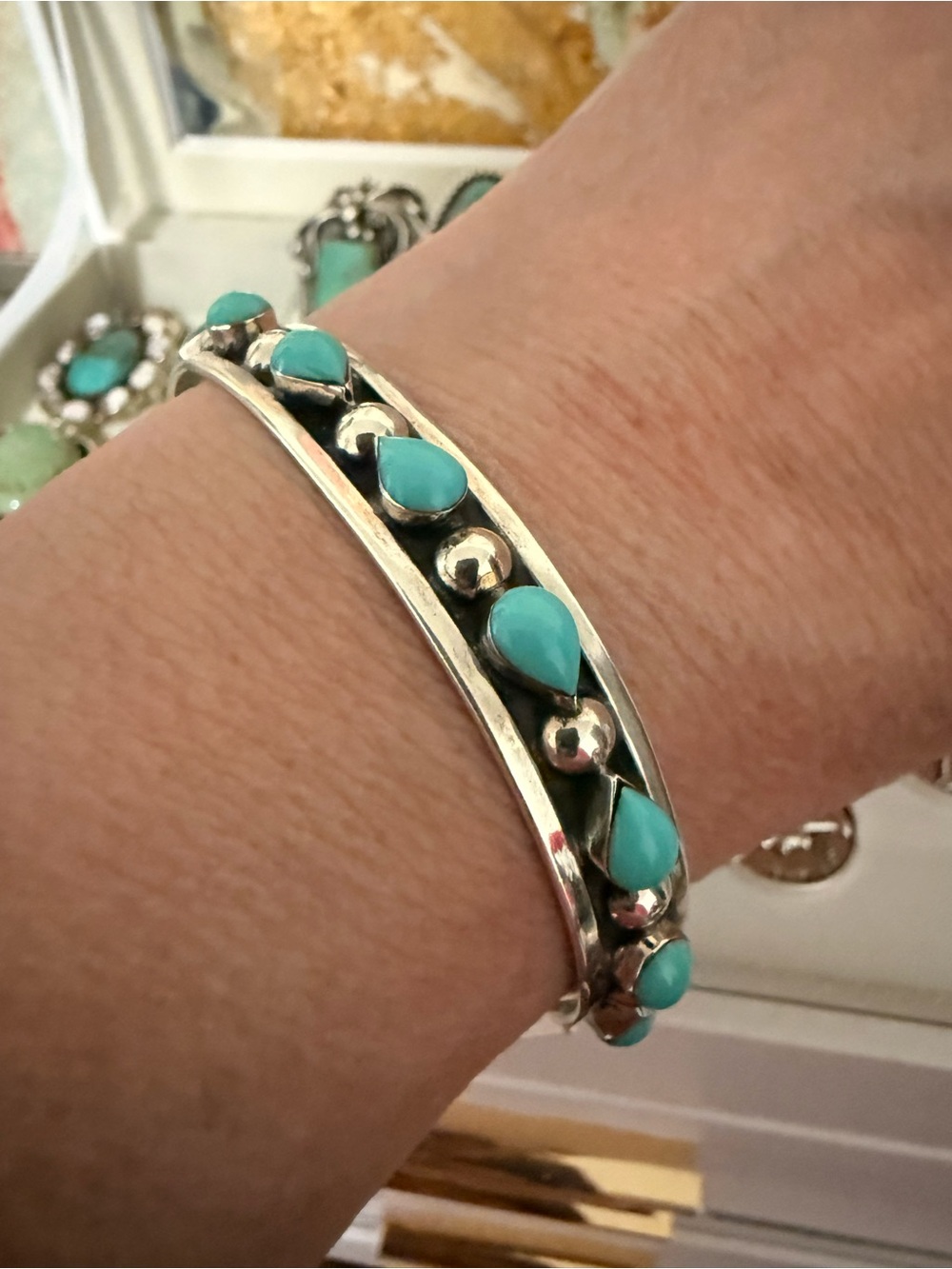 Genuine Turquoise Sterling Silver Teardrop Cuff Bracelet - Women Jewelry - Picture 2 of 6